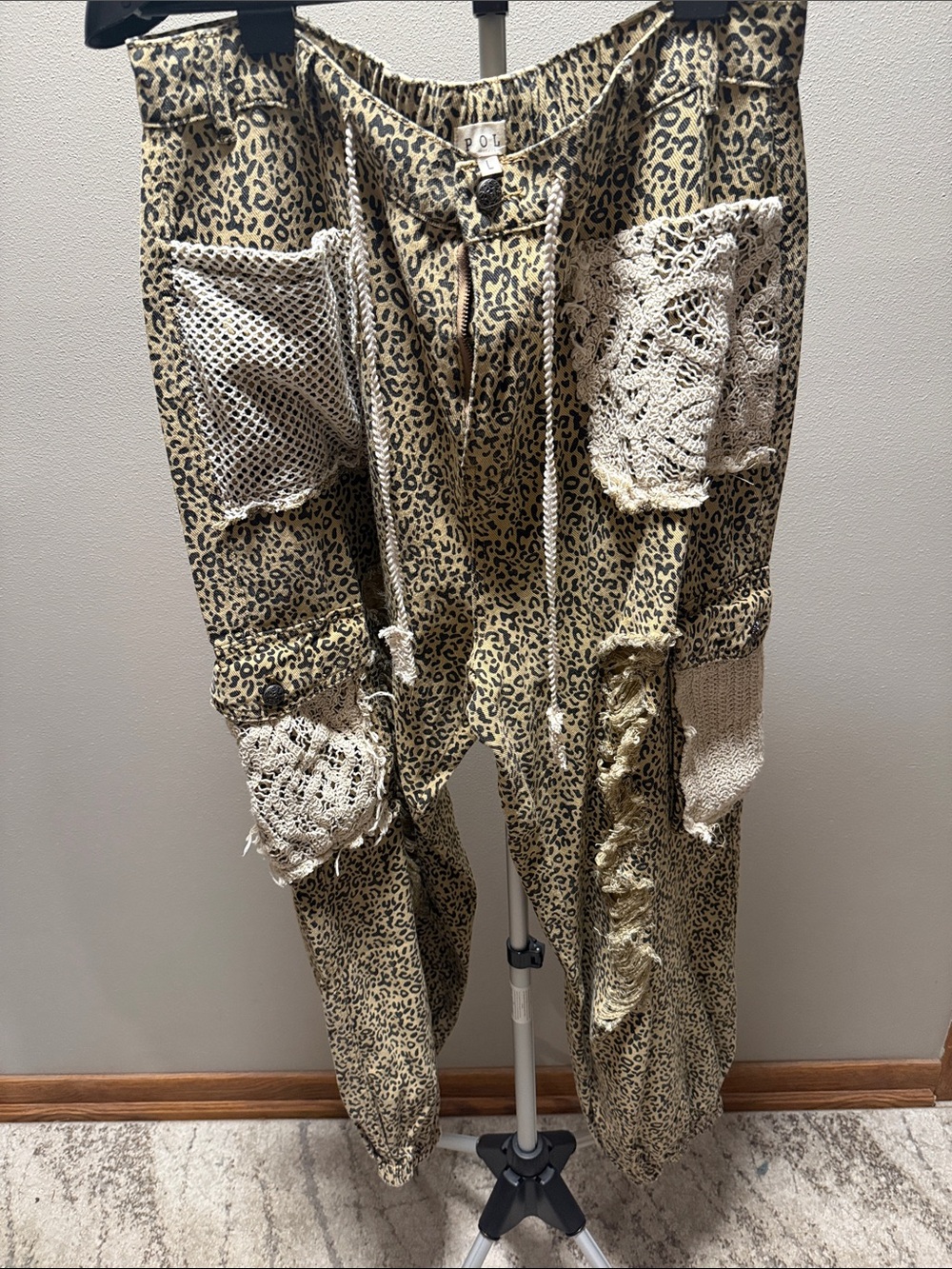Leopard Print Patchwork Cargo Pants - Beige